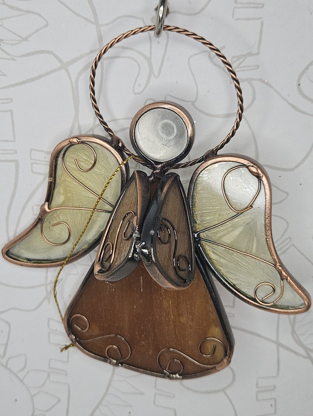 Stained Amber Glass Angel Edged in Copper Holding‎ Candle Sun Catcher Ornament